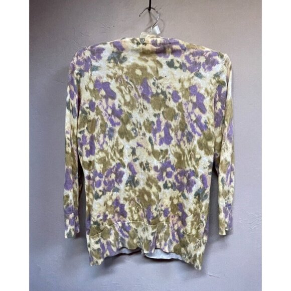 Caslon Women Button Front Knit Cardigan Sweater Medium Purple Green Print Cotton - Picture 2 of 9